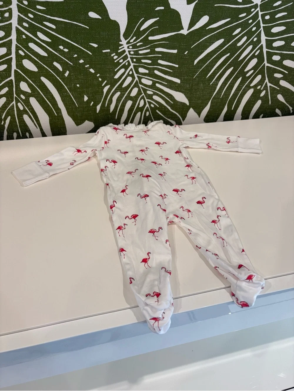 White Baby Footed One-Piece with Pink Flamingo Print🦩🤍